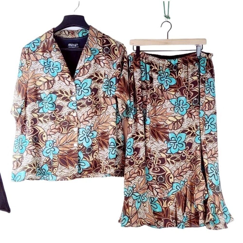 Skirt Set Floral Blue Brown Midi 18W Spago Collection Career Wear Spring or Fall